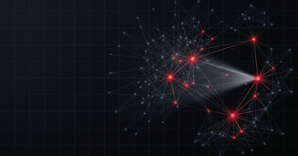 Abstrakte Visualisierung eines Wissensgraphen mit rot leuchtender Abfrage-Spur