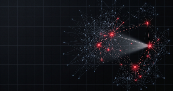 Abstrakte Visualisierung eines Wissensgraphen mit rot leuchtender Abfrage-Spur